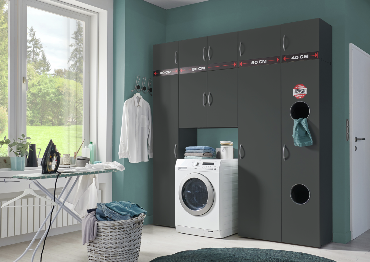 XORA Wäscheschrank MULTIRAUMKONZEPT Moderner Wäscheschrank in dunklem Design mit integrierter Waschmaschine, seitlicher Perspektive