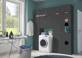 Moderner Wäscheschrank in dunklem Design mit integrierter Waschmaschine, seitlicher Perspektive