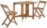 Balkon-Set aus Holz mit einem rechteckigen Tisch und zwei klappbaren Stühlen, seitliche Perspektive