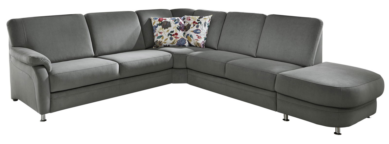 Beldomo System Ecksofa TAULON-S Graue Eckgarnitur mit modernen Metallfüßen und zwei dekorativen Kissen, Perspektive von vorne rechts