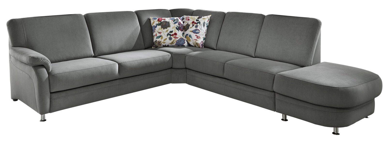 Beldomo System Ecksofa TAULON-S Graue Eckgarnitur mit modernen Metallfüßen und zwei dekorativen Kissen, Perspektive von vorne rechts