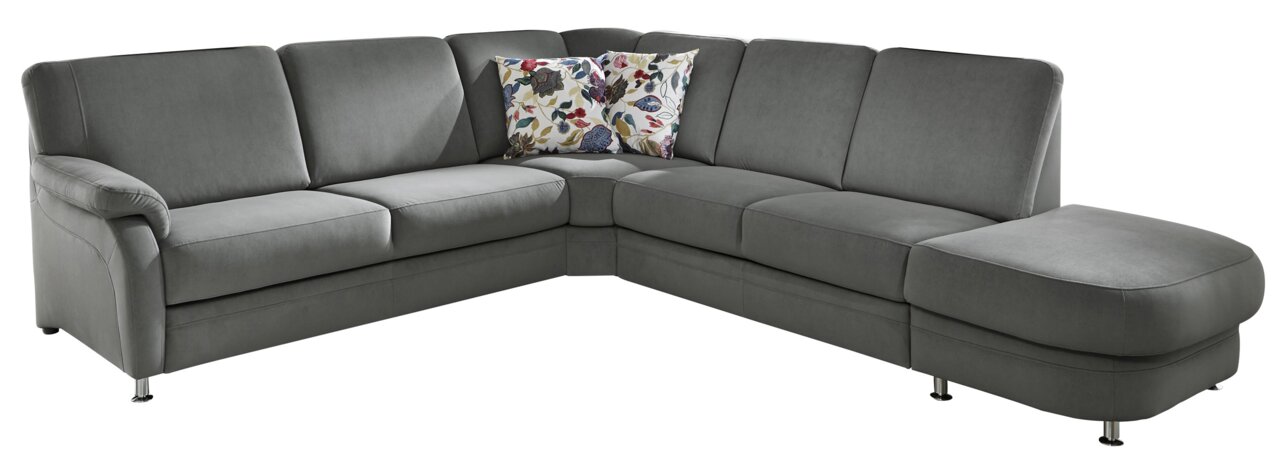Beldomo System Ecksofa TAULON-S Graue Eckgarnitur mit modernen Metallfüßen und zwei dekorativen Kissen, Perspektive von vorne rechts