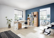 Moderner Büroraum mit Schreibtisch, Rollcontainer und Aktenschrank in Holzoptik, seitliche Perspektive.