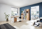 Moderner Büroraum mit Schreibtisch, Rollcontainer und Aktenschrank in Holzoptik, seitliche Perspektive.