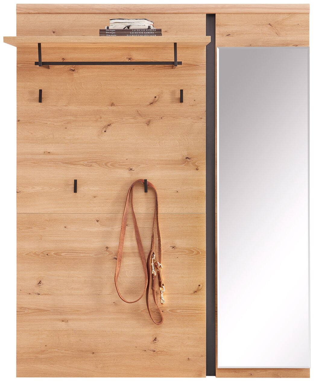 XL-Garderobenpaneel aus Holz mit Spiegel, Haken und Ablage, Frontalansicht