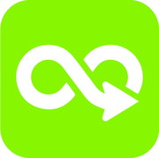 Grünes Symbol mit einem weißen Unendlichkeitszeichen und einem Pfeil, Ansicht von vorne