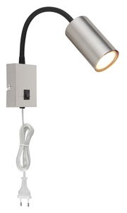 Wandleuchte aus Metall in Nickel matt mit flexiblem Arm und Schalter, seitliche Perspektive