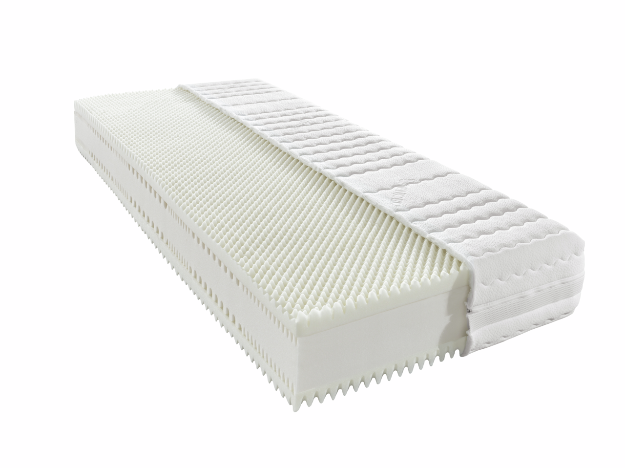 Komfortschaummatratze mit wellenförmiger Oberfläche und abnehmbarem Bezug, seitliche Perspektive