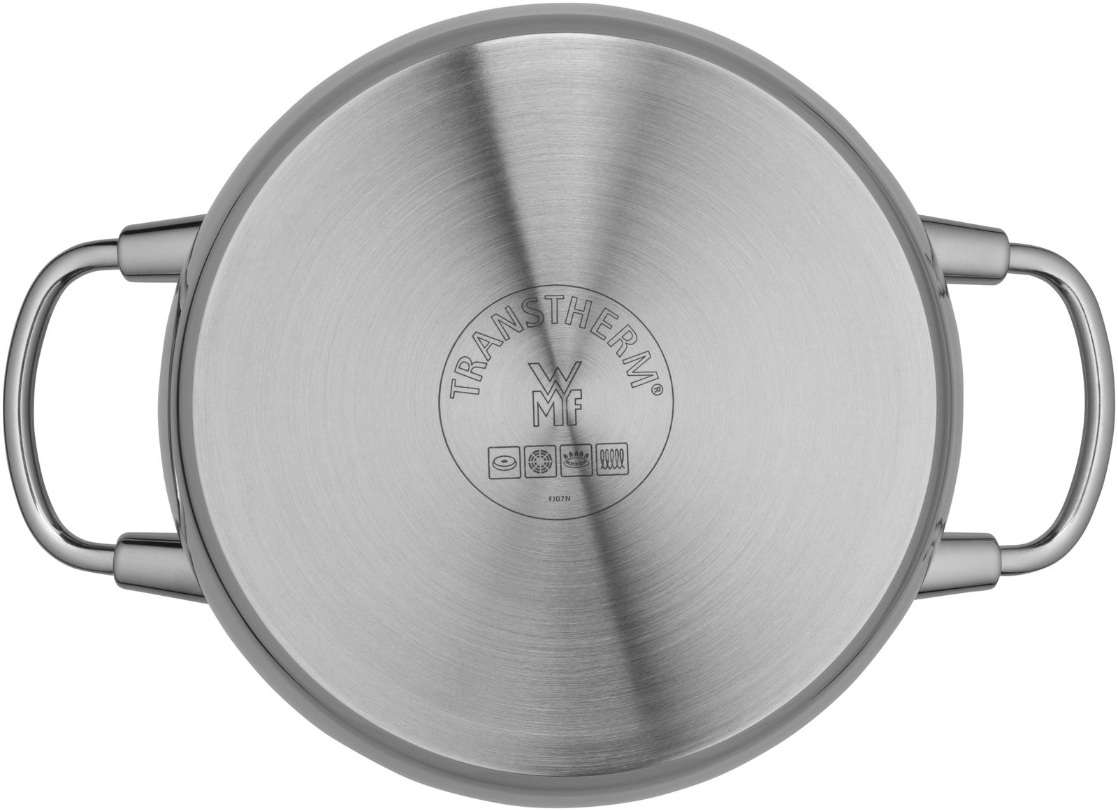 Topf aus Edelstahl von oben mit zwei Griffen und TransTherm-Boden.