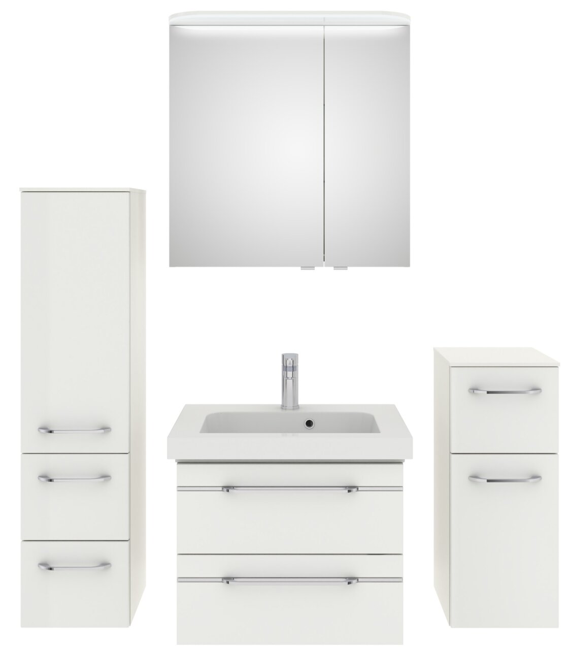 Pelipal Badblock BALTO SPRINT Badezimmermöbel-Set in Weiß, bestehend aus einem Spiegelschrank, einem Waschbeckenunterschrank mit Waschbecken, einem hohen Schrank und einem kleinen Schrank, frontal betrachtet.