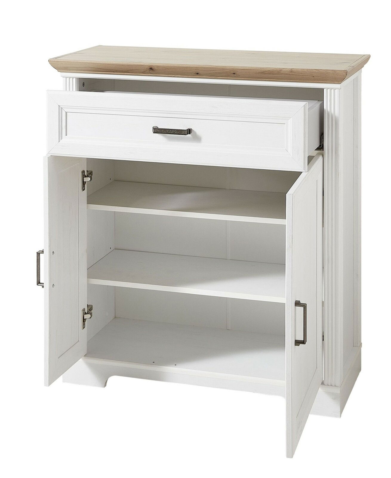 Weiße Kommode mit Holzplatte, geöffnete Türen und Schublade, Frontalansicht