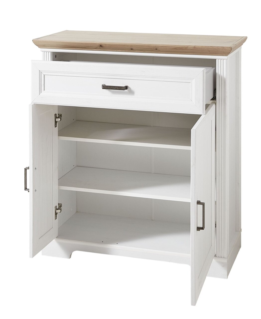 Weiße Kommode mit Holzplatte, geöffnete Türen und Schublade, Frontalansicht