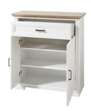 Weiße Kommode mit Holzplatte, geöffnete Türen und Schublade, Frontalansicht