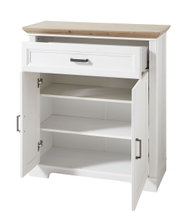 Weiße Kommode mit Holzplatte, geöffnete Türen und Schublade, Frontalansicht