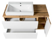 Waschtisch-Set 105 cm aus Holz mit weißem Waschbecken, zwei offenen Schubladen und einer geöffneten Tür, Ansicht von oben