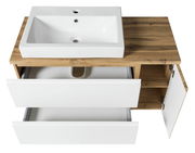 Waschtisch-Set 105 cm aus Holz mit weißem Waschbecken, zwei offenen Schubladen und einer geöffneten Tür, Ansicht von oben
