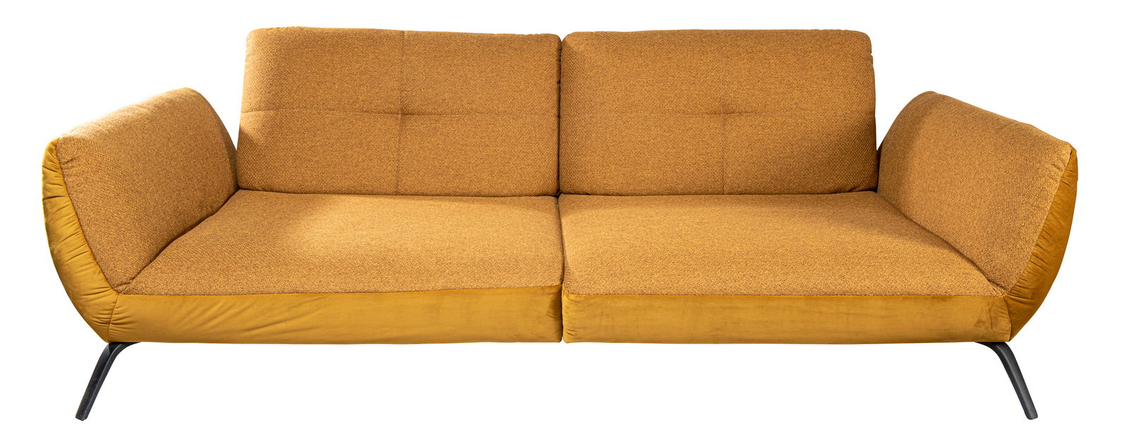Gelbes Megasofa mit zwei Sitzplätzen und modernen Metallbeinen, Frontalansicht.