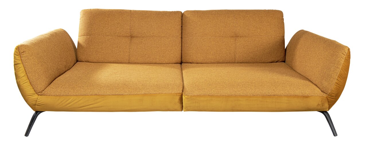 Gelbes Megasofa mit zwei Sitzplätzen und modernen Metallbeinen, Frontalansicht.