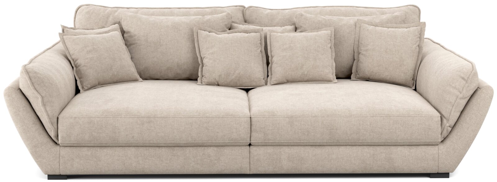 Beige grote bank met verschillende kussens, vooraanzicht