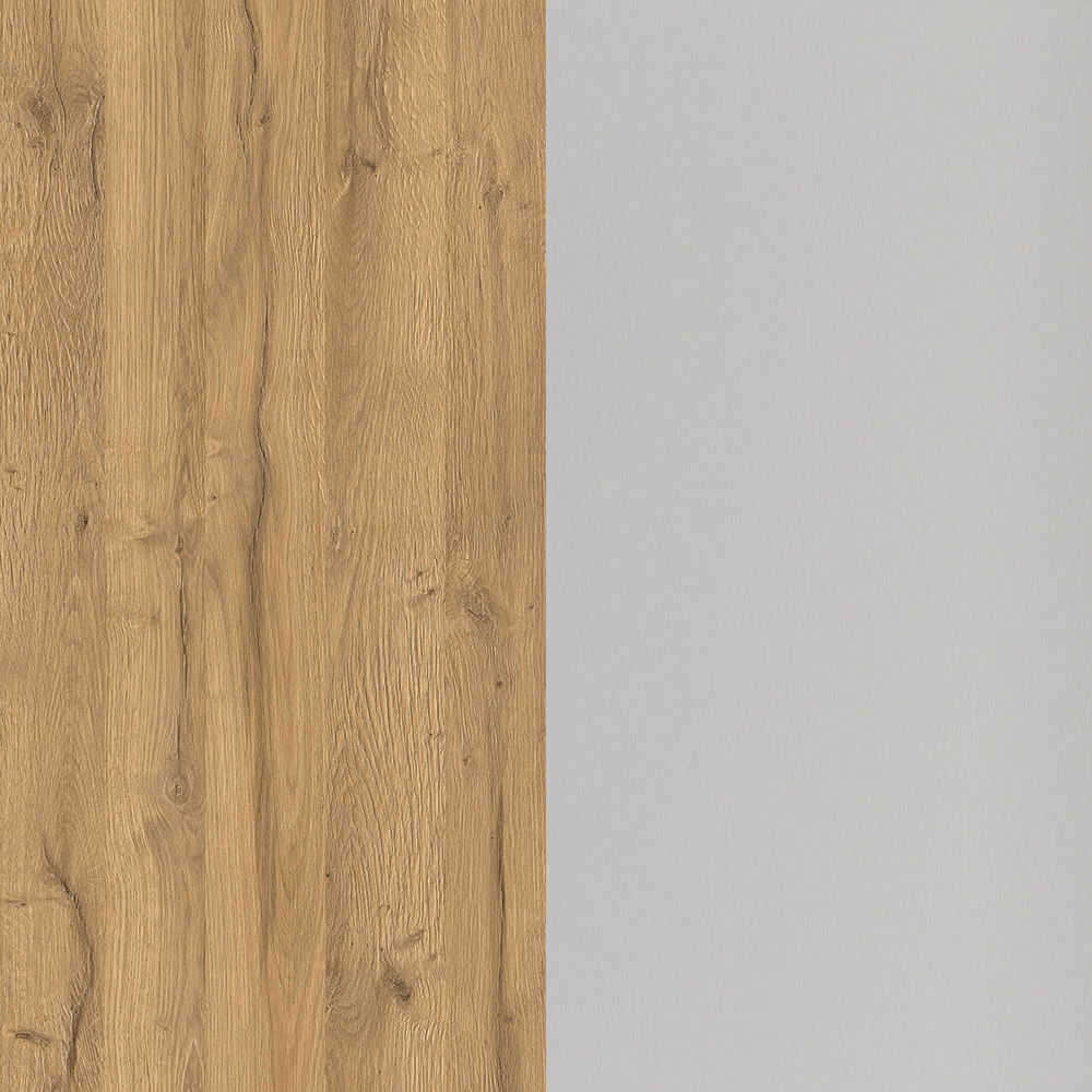 Nahaufnahme einer Holz- und Metalloberfläche in Eichenoptik und grauem Metall, vertikal geteilt.