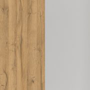 Nahaufnahme einer Holz- und Metalloberfläche in Eichenoptik und grauem Metall, vertikal geteilt.