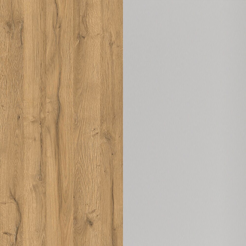 Nahaufnahme einer Holz- und Metalloberfläche in Eichenoptik und grauem Metall, vertikal geteilt.