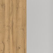 Nahaufnahme einer Holz- und Metalloberfläche in Eichenoptik und grauem Metall, vertikal geteilt.