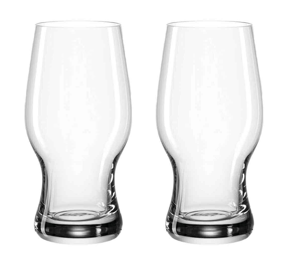 Zwei transparente Bierbecher Taverna 500ml, frontal abgebildet, mit elegantem Design und stabiler Basis.