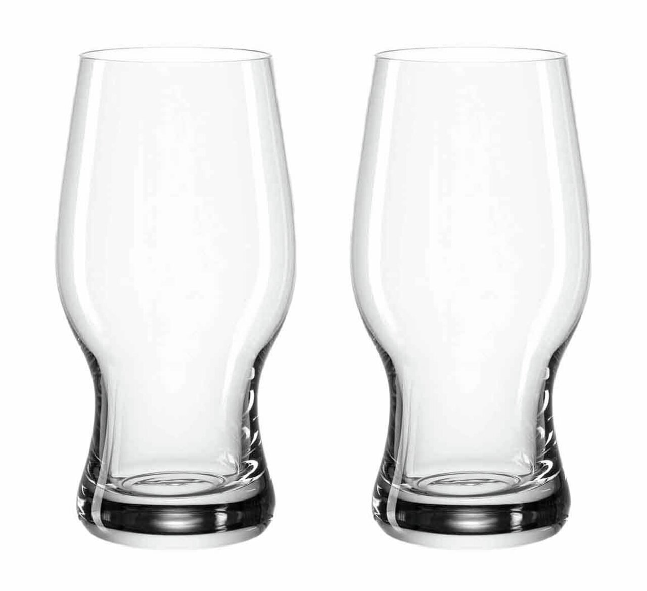 Zwei transparente Bierbecher Taverna 500ml, frontal abgebildet, mit elegantem Design und stabiler Basis.