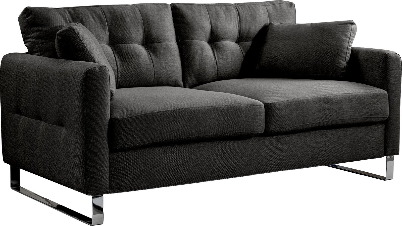 Dunkelgraues 2-Sitzer-Sofa mit Stoffbezug, gesteppter Rückenlehne, zwei Kissen und verchromten Kufenfüßen, schräg von vorne links fotografiert