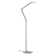 Moderne LED-Stehleuchte in seitlicher Perspektive mit verstellbarem Arm und rechteckigem Sockel.