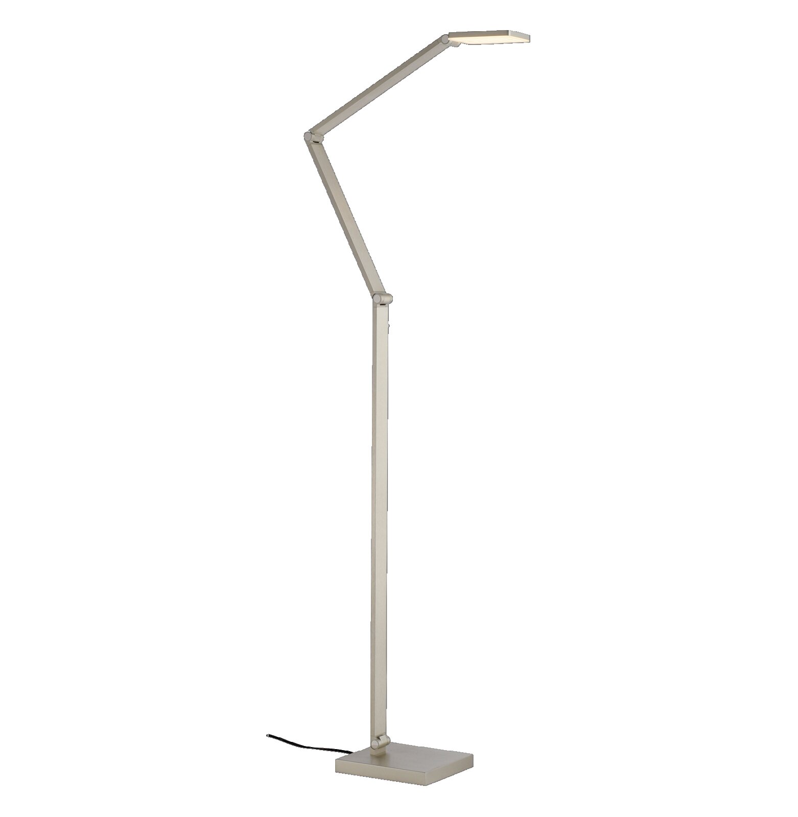Moderne LED-Stehleuchte in seitlicher Perspektive mit verstellbarem Arm und rechteckigem Sockel.