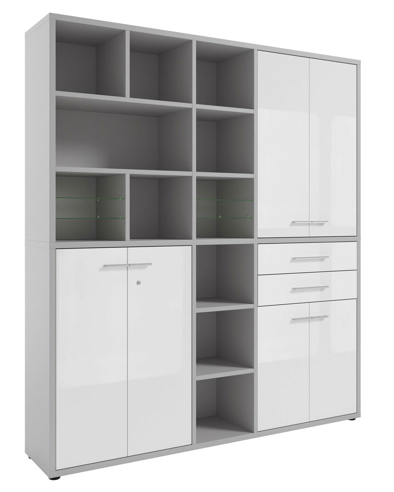 Manjana Home Office Kombination -Glas- TEXAS Moderner, hoher Aktenschrank mit offenen Fächern, Schubladen und Türen, frontal betrachtet.