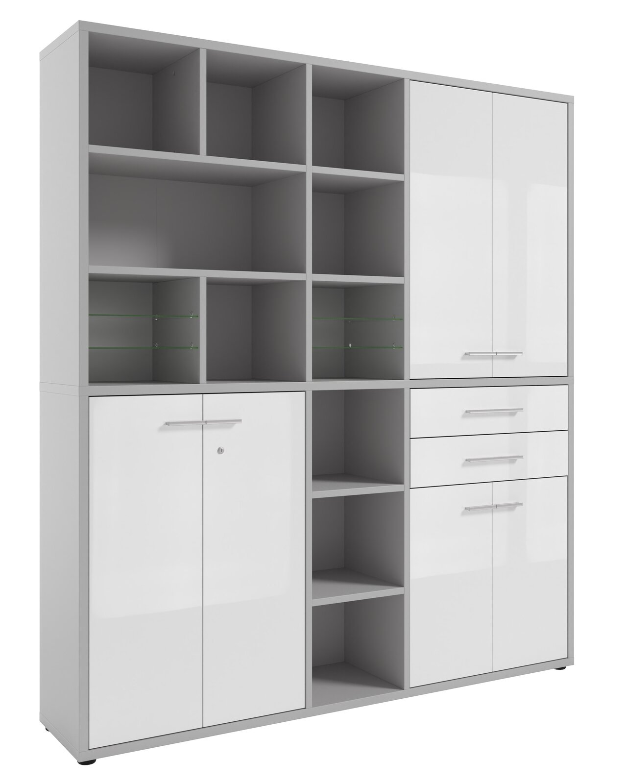 Moderner, hoher Aktenschrank mit offenen Fächern, Schubladen und Türen, frontal betrachtet.