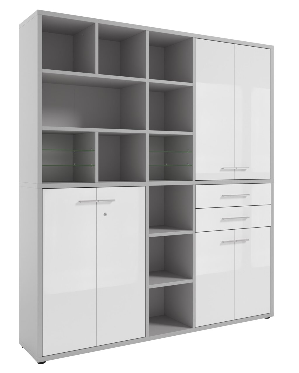 Moderner, hoher Aktenschrank mit offenen Fächern, Schubladen und Türen, frontal betrachtet.