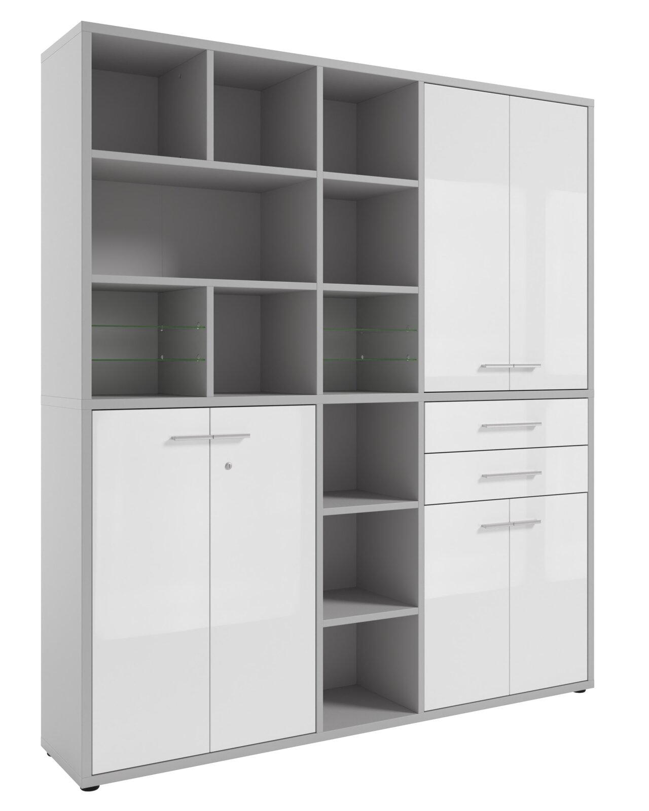 Moderner, hoher Aktenschrank mit offenen Fächern, Schubladen und Türen, frontal betrachtet.