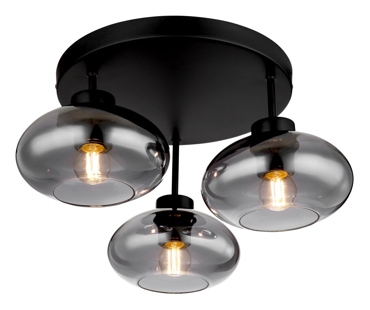 Globo Lighting Plafondlamp SHAUN Moderne Deckenleuchte mit drei rauchgrauen Glaskugeln, von unten betrachtet.