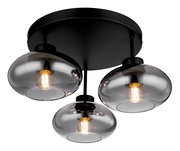 Moderne Deckenleuchte mit drei rauchgrauen Glaskugeln, von unten betrachtet.