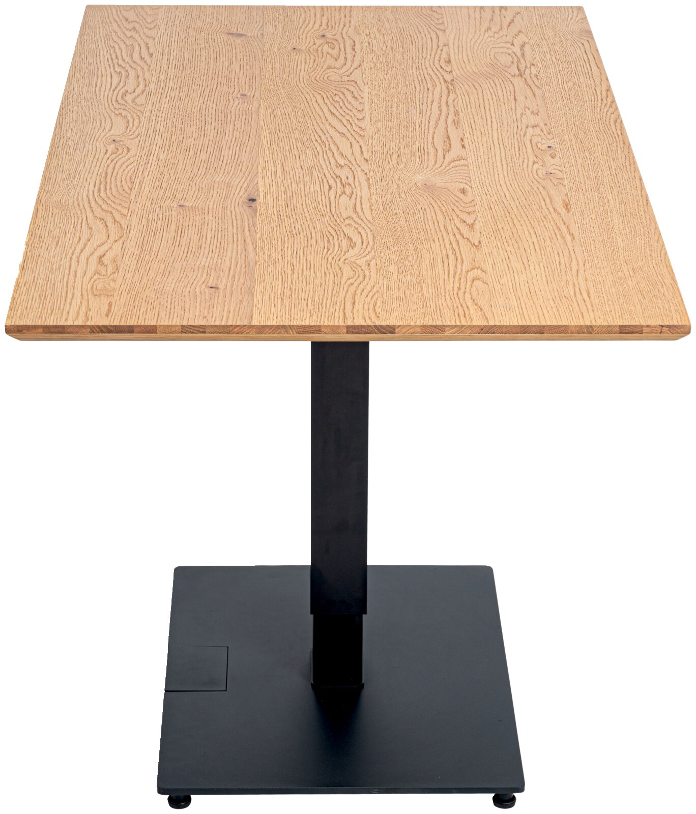 Eet- en bartafel met rechthoekig houten blad en zwart metalen onderstel, vooraanzicht