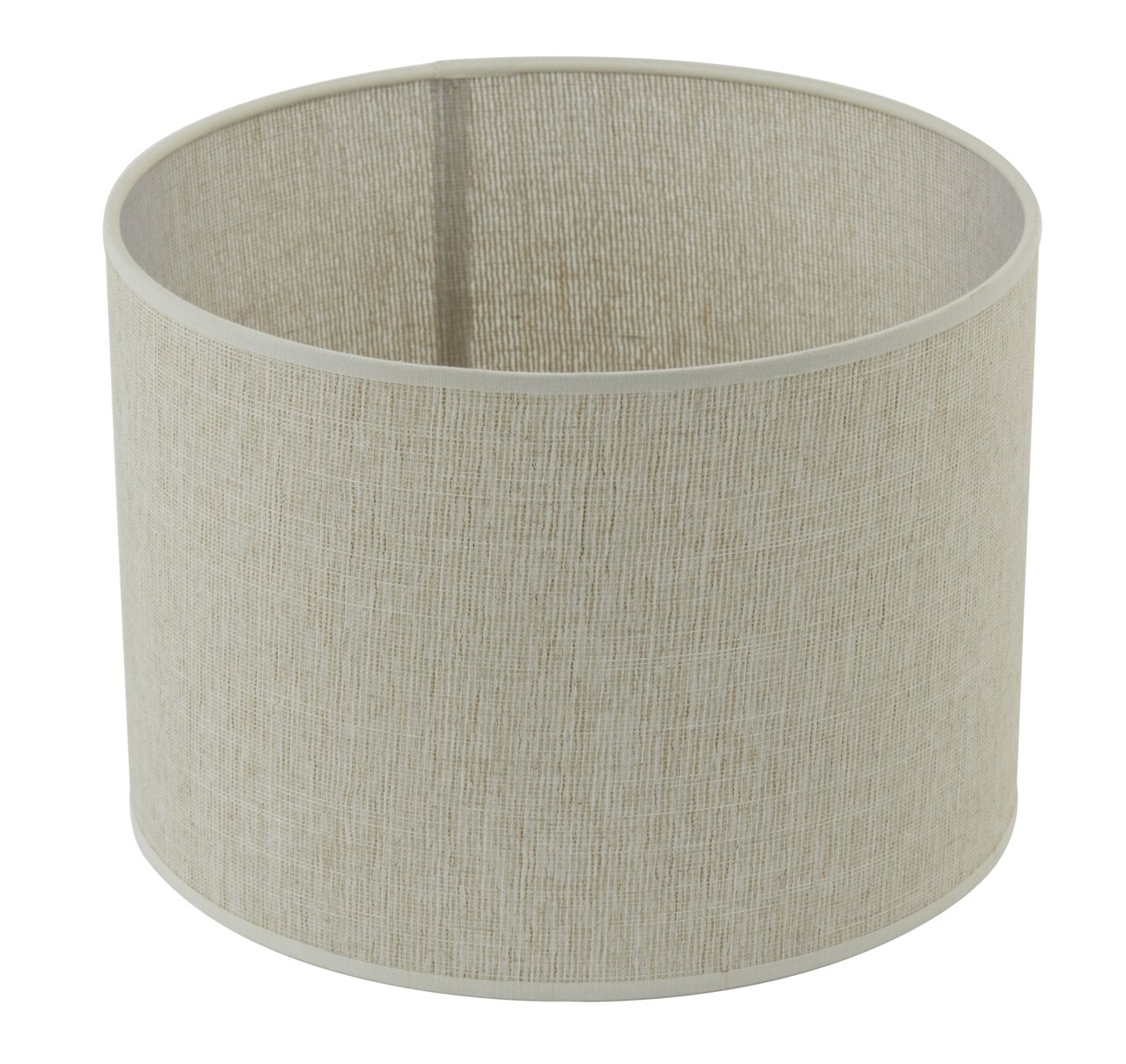 Zylindrischer Lampenschirm aus beigem Stoff, seitliche Perspektive