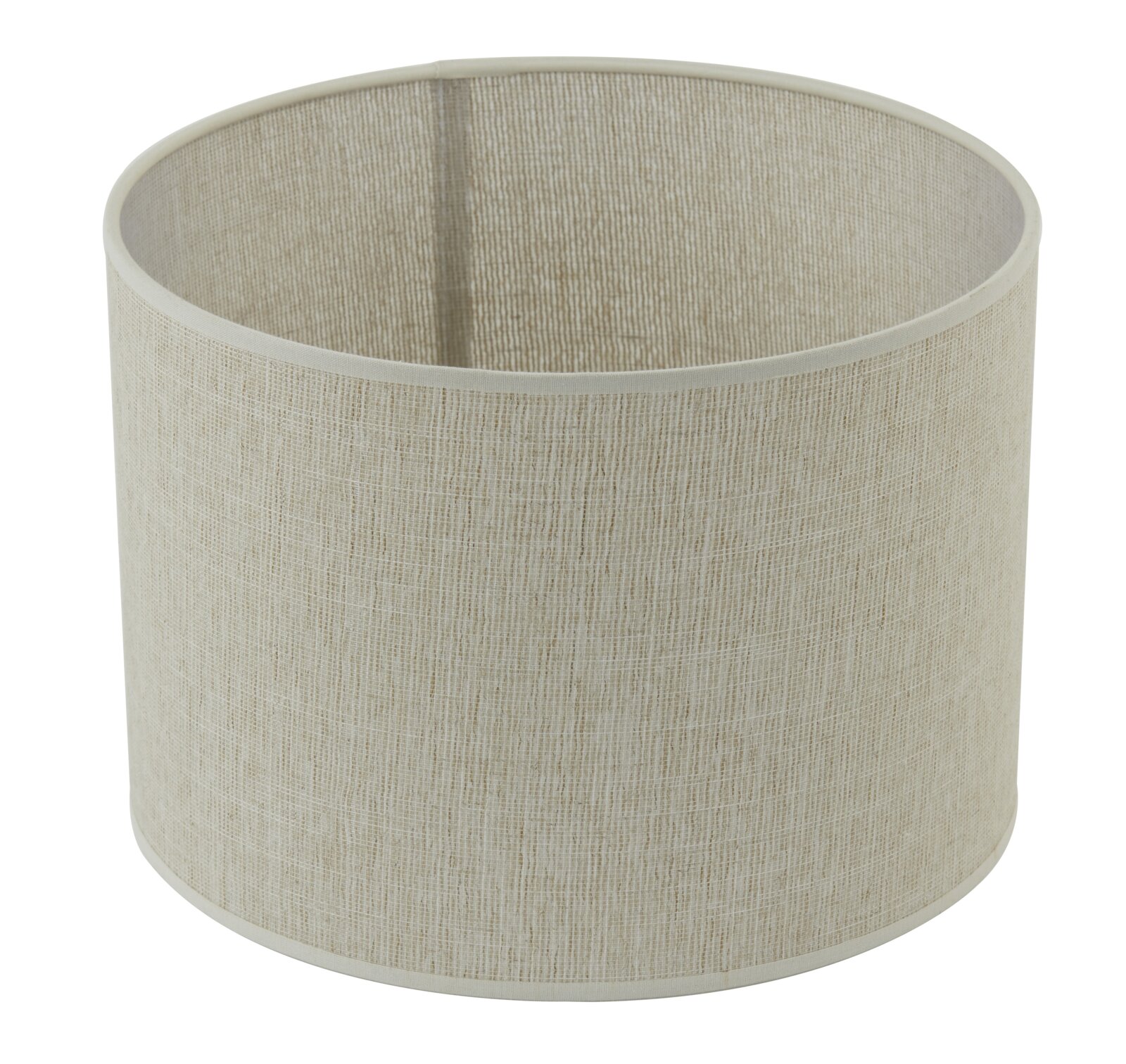 Cilindrische lampenkap van beige stof, zijaanzicht