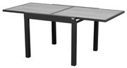 Moderner Gartentisch mit rechteckiger Tischplatte aus grauem Material und schwarzem Gestell, seitliche Perspektive