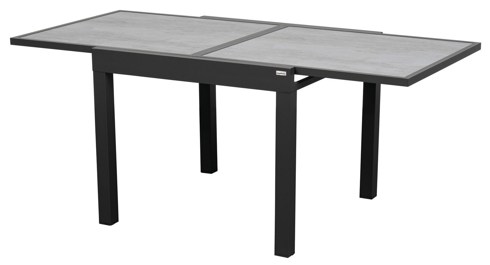 Moderner Gartentisch mit rechteckiger Tischplatte aus grauem Material und schwarzem Gestell, seitliche Perspektive