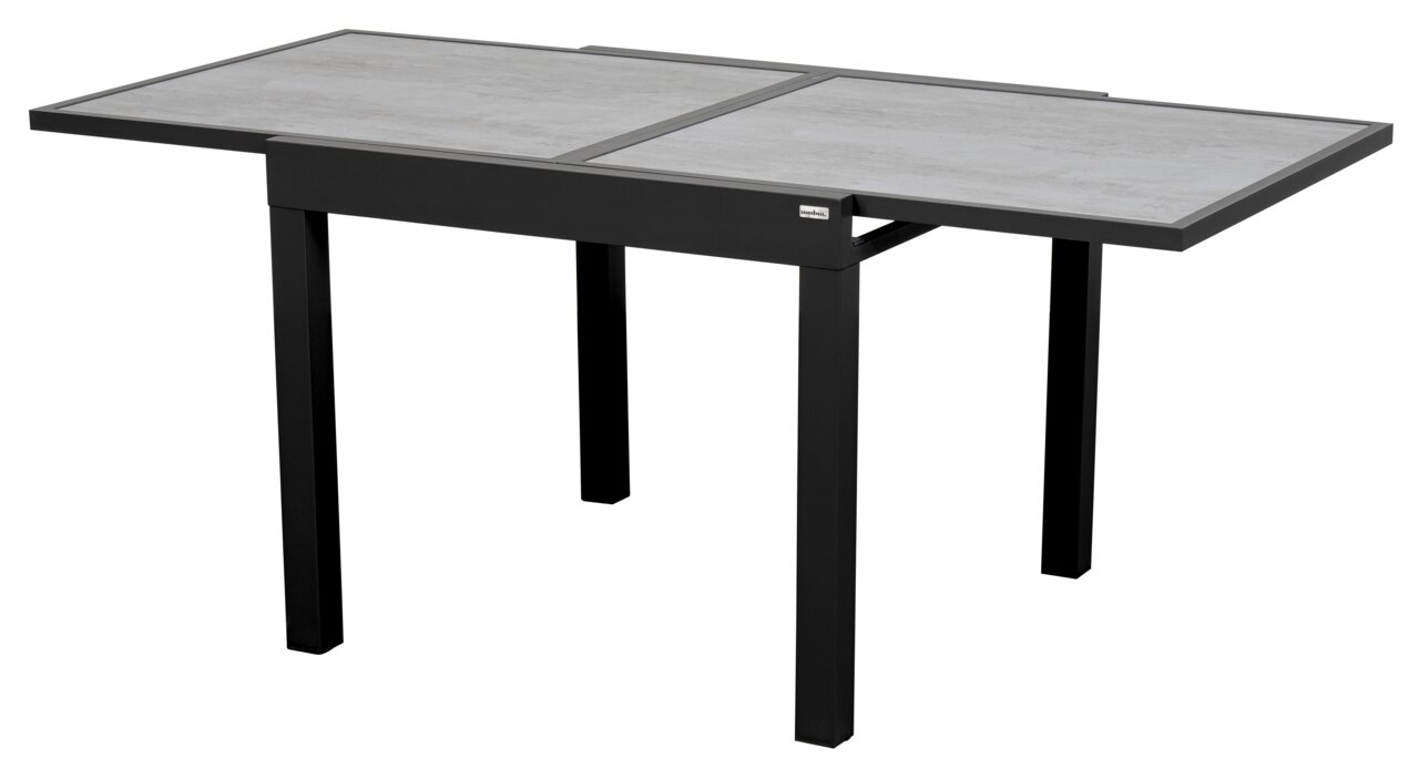 Moderne tuintafel met een rechthoekig tafelblad van grijs materiaal en een zwart onderstel, gezien vanaf de zijkant