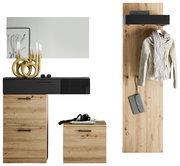 Garderoben-Set mit Holzoptik, bestehend aus einem Spiegel, einer schwarzen Ablage, zwei Schränken und einer Garderobenleiste mit Haken, frontal betrachtet.