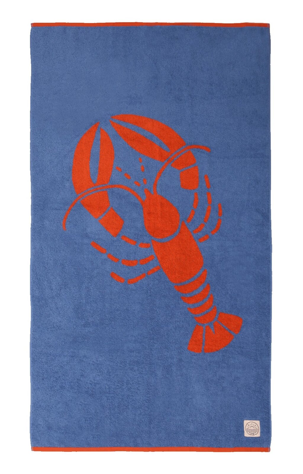 Depotex Strandtuch Hummer SOLLER HOME Blaues Strand- oder Badetuch mit großem rotem Hummer-Motiv und roten Bordüren, Vorderansicht von oben flach liegend.