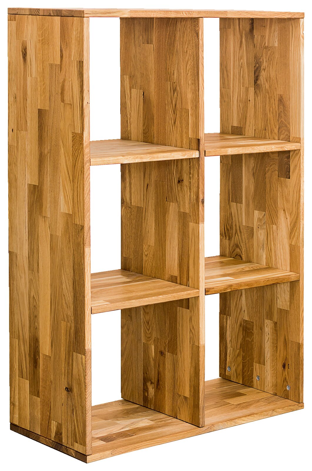 Holzregal 2x3 mit sechs Fächern, aus hellem Holz, seitliche Perspektive