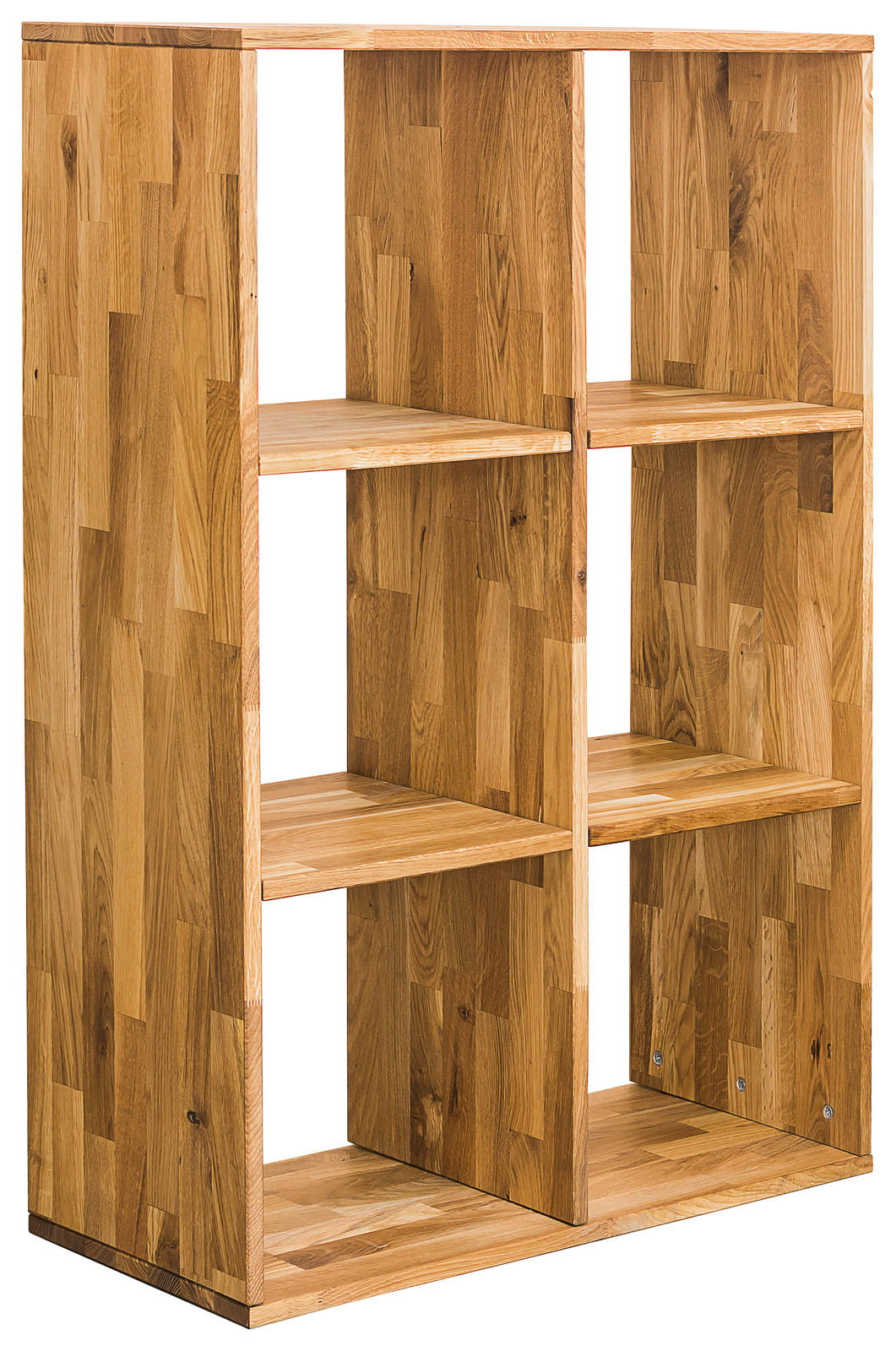 Holzregal 2x3 mit sechs Fächern, aus hellem Holz, seitliche Perspektive