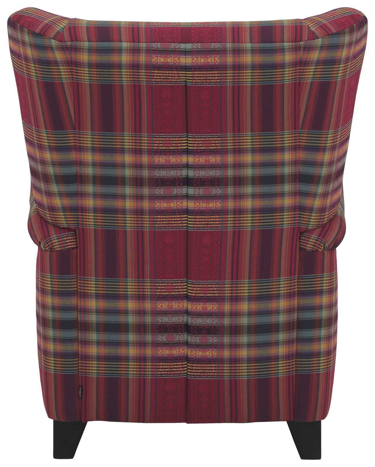 Rückansicht eines Ohrensessels mit buntem Karomuster