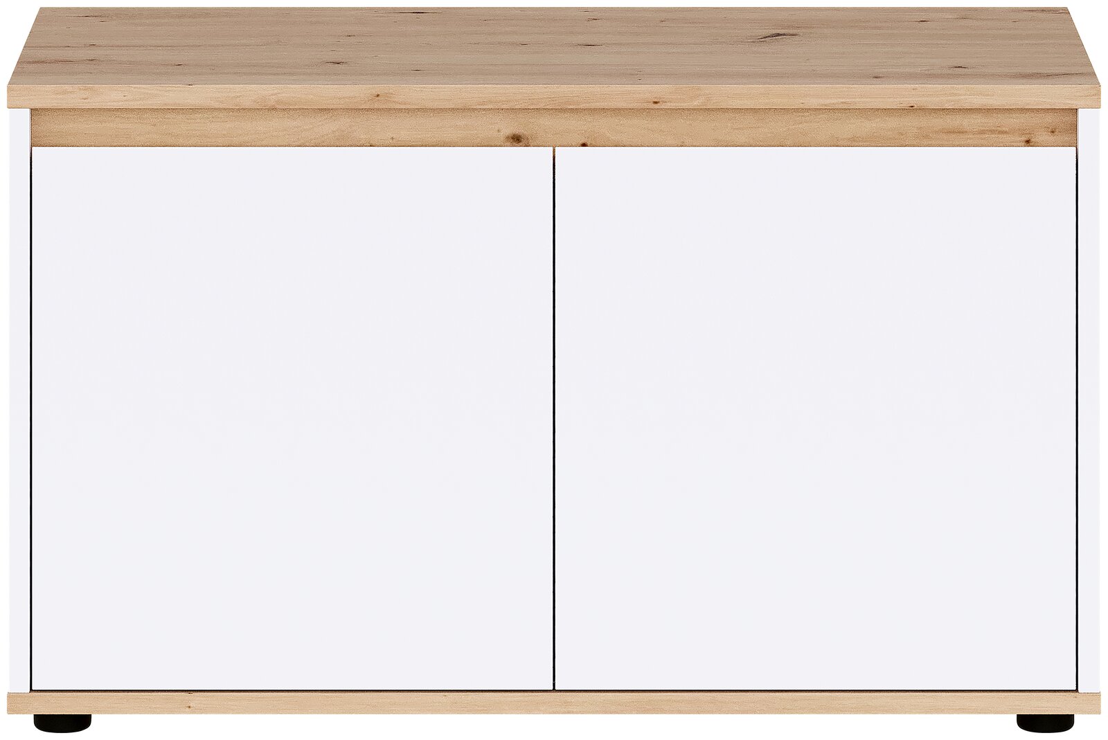 Modernes Sideboard mit heller Holzplatte und -sockel, zwei weißen Fronttüren und schwarzen Füßen, frontal aus der Vorderansicht fotografiert.